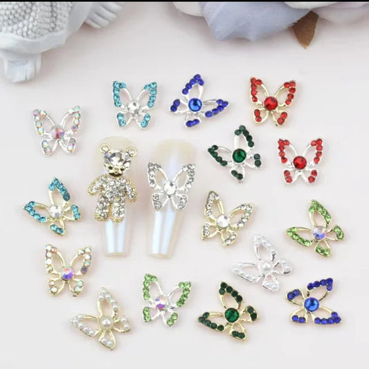 3D Butterfly Hollow Nail Charms with Rhinestones Silver Back Luxury / Encantos de uñas de mariposa