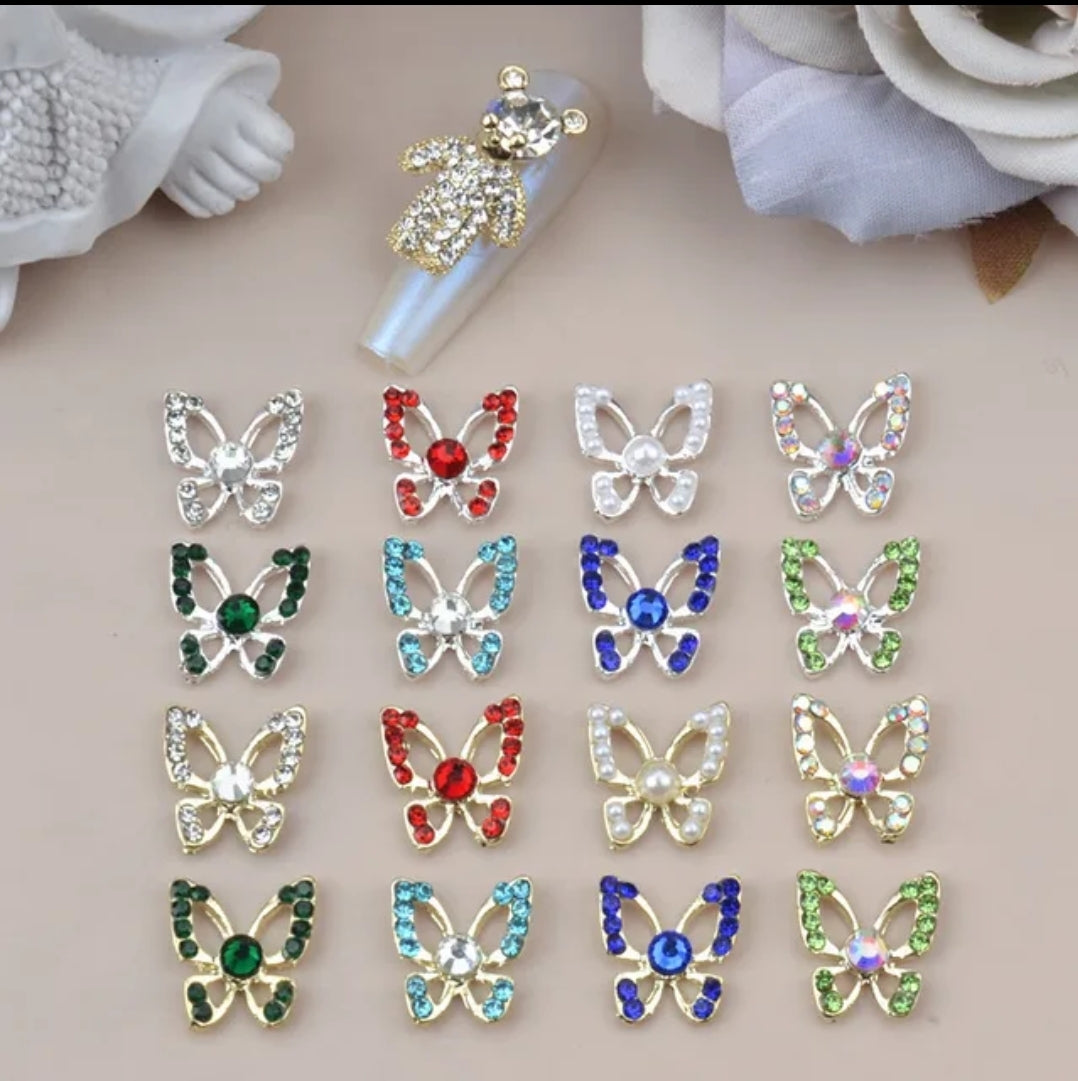 3D Butterfly Hollow Nail Charms with Rhinestones Silver Back Luxury / Encantos de uñas de mariposa