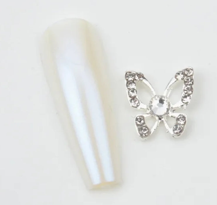 3D Butterfly Hollow Nail Charms with Rhinestones Silver Back Luxury / Encantos de uñas de mariposa