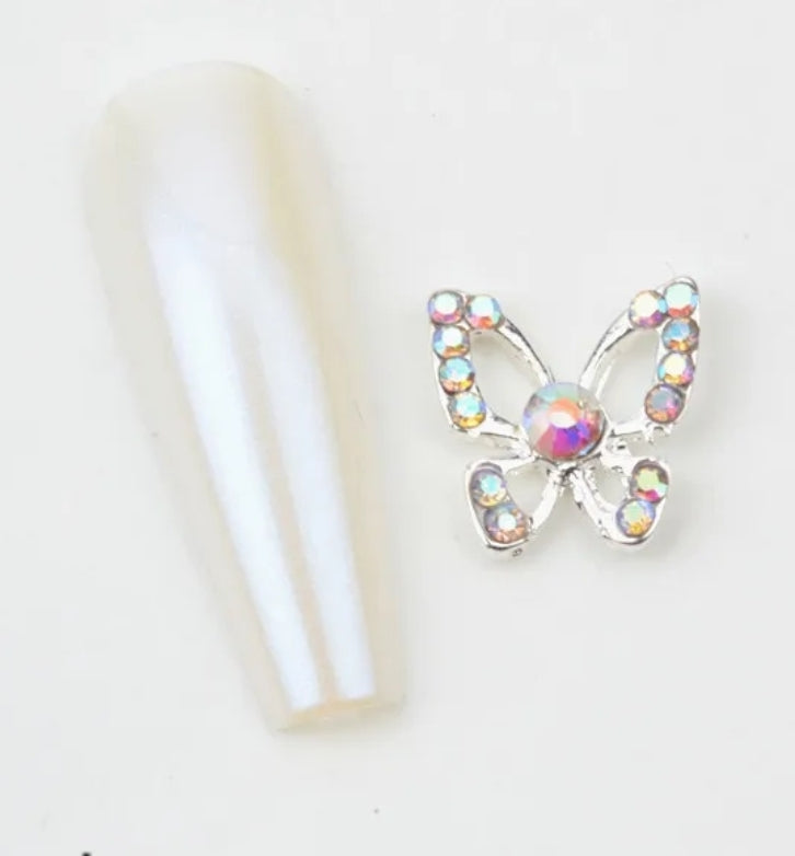 3D Butterfly Hollow Nail Charms with Rhinestones Silver Back Luxury / Encantos de uñas de mariposa