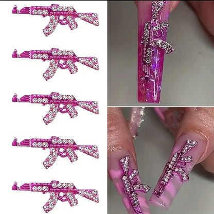 5pcs Pink and Silver Gun Nail Charms with Rhinestone