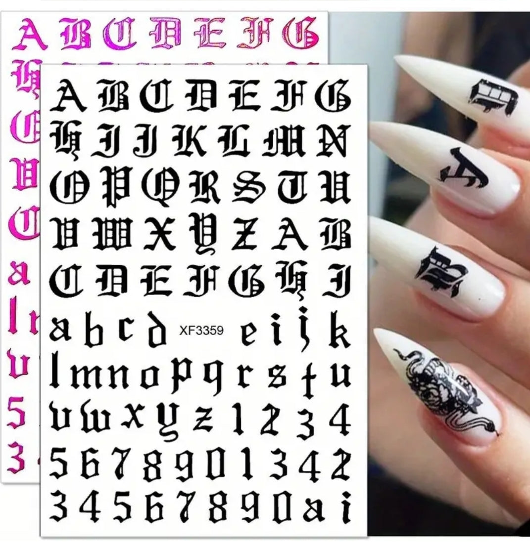 Old English Letters and Numbers Nail Stickers