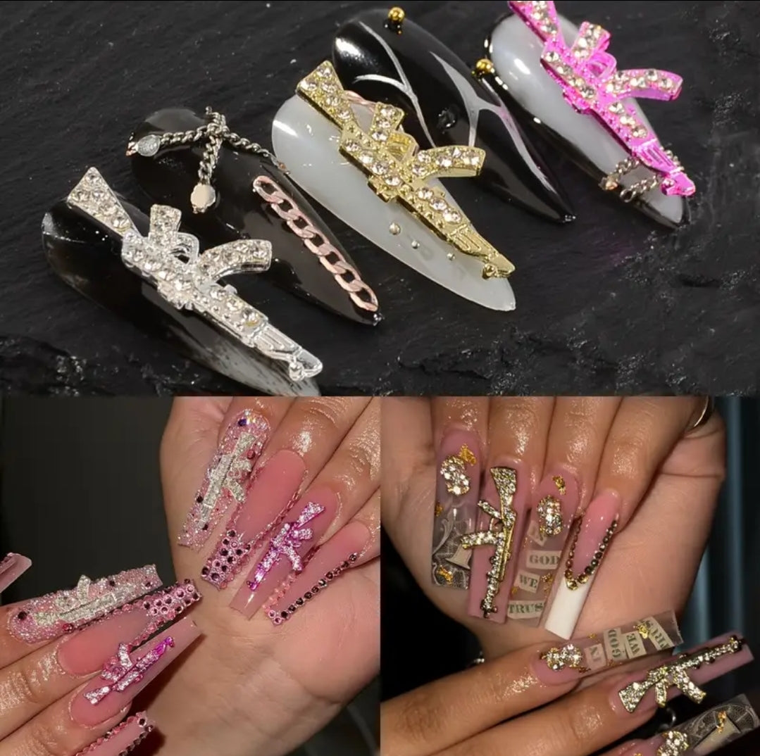 5pcs Pink and Silver Gun Nail Charms with Rhinestone