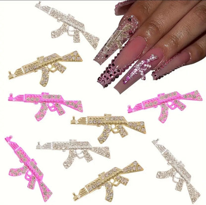5pcs Pink and Silver Gun Nail Charms with Rhinestone