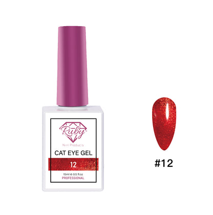 Ruby Cat Eye Gel bottle with a red glittery sample on a white background