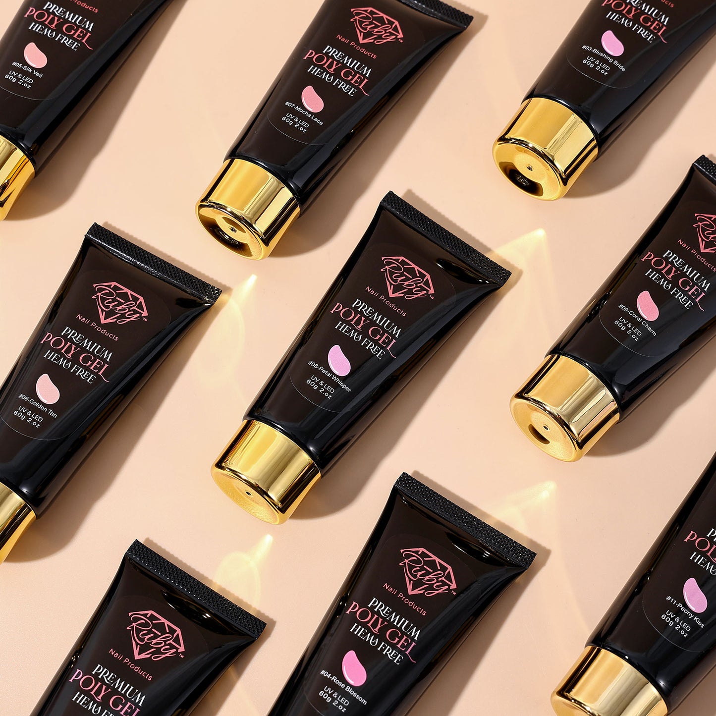 Ruby Premium Poly Gel 12-Color Kit | HEMA-Free | Single Tube 60g | Sculpting Gel | Tap Gel | Hybrid Gel