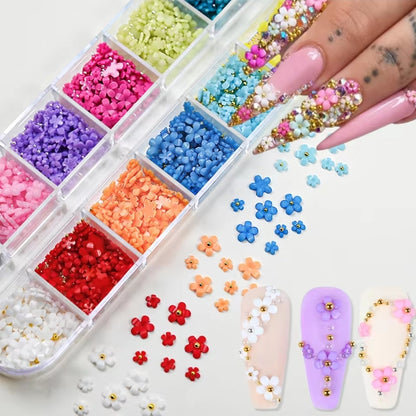 3D Acrylic Resin Flower 5 Petals 6 or 12 Grid Box Colorful Flowers Nail Art Decoration