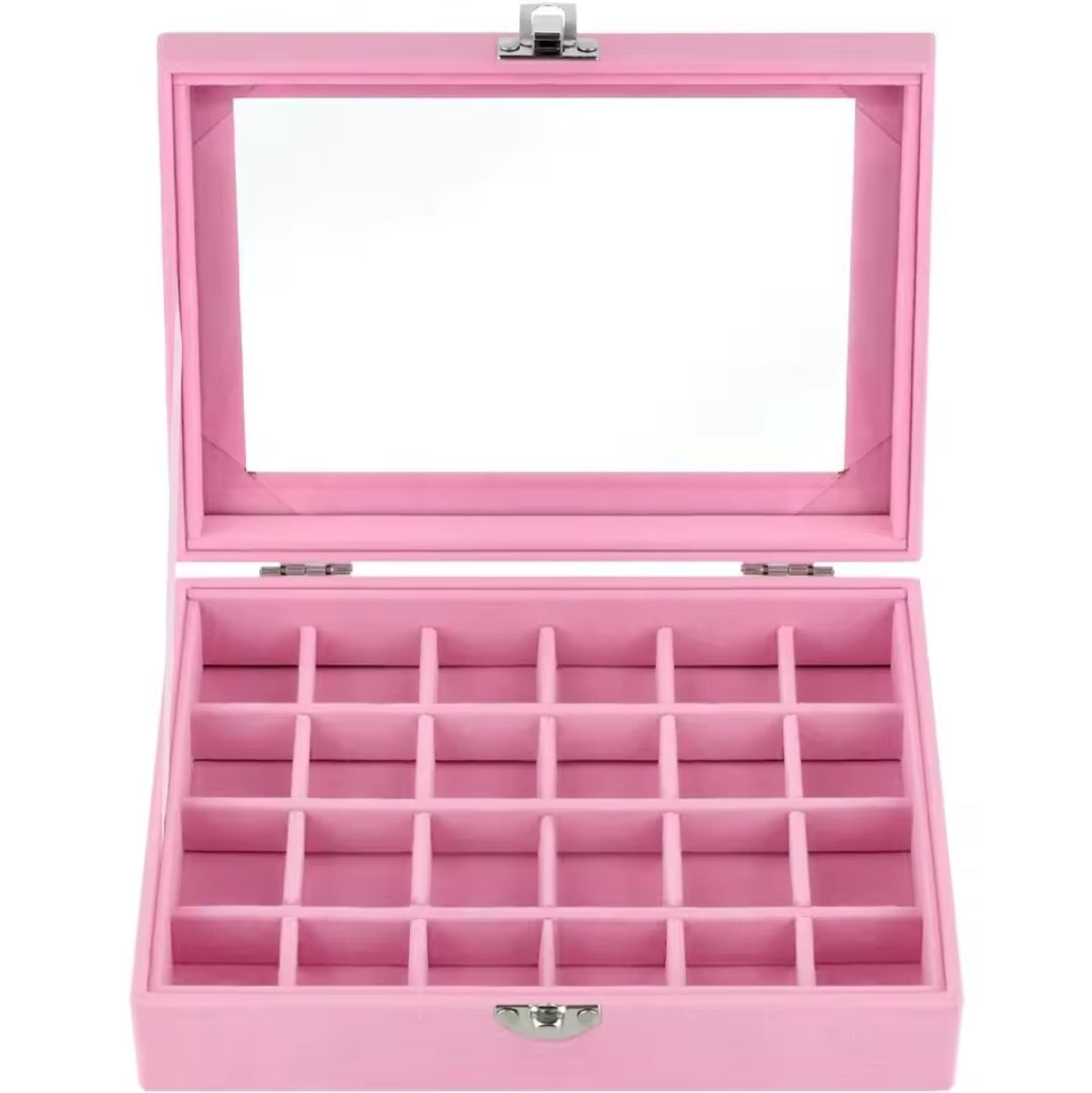 Empty Pink Velvet Box 24 Grid Jewelry Ring Nail Charms Display Organizer Box Tray Storage