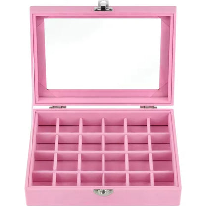 Empty Pink Velvet Box 24 Grid Jewelry Ring Nail Charms Display Organizer Box Tray Storage