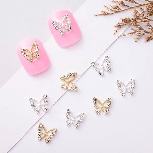 3D Hollow Butterfly with Rhinestones Metal Bling Nail Charms Silver Gold Rose Gold