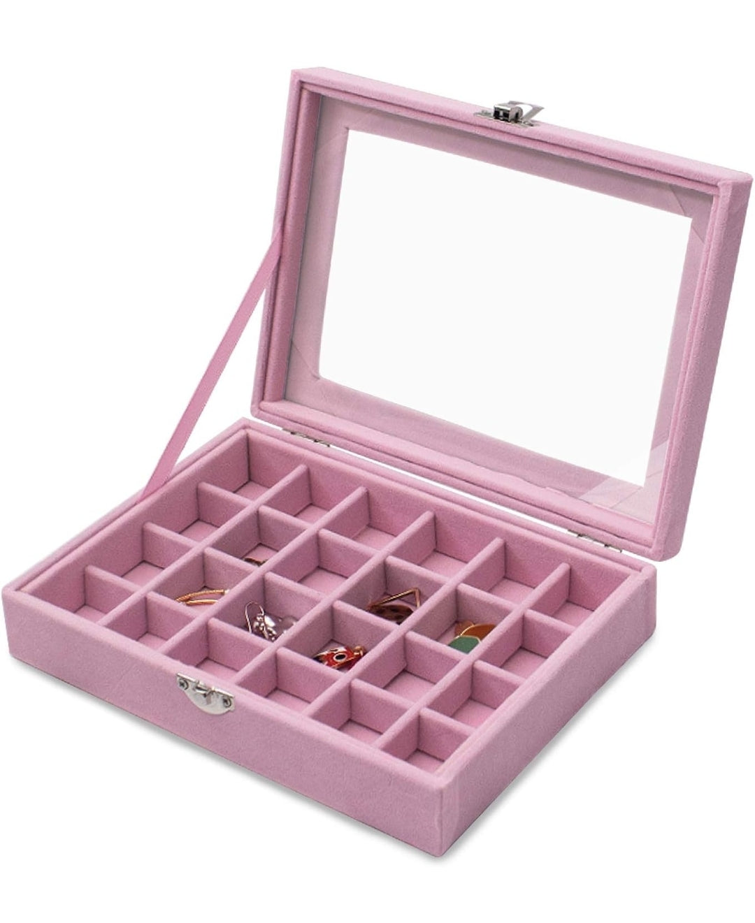 Empty Pink Velvet Box 24 Grid Jewelry Ring Nail Charms Display Organizer Box Tray Storage