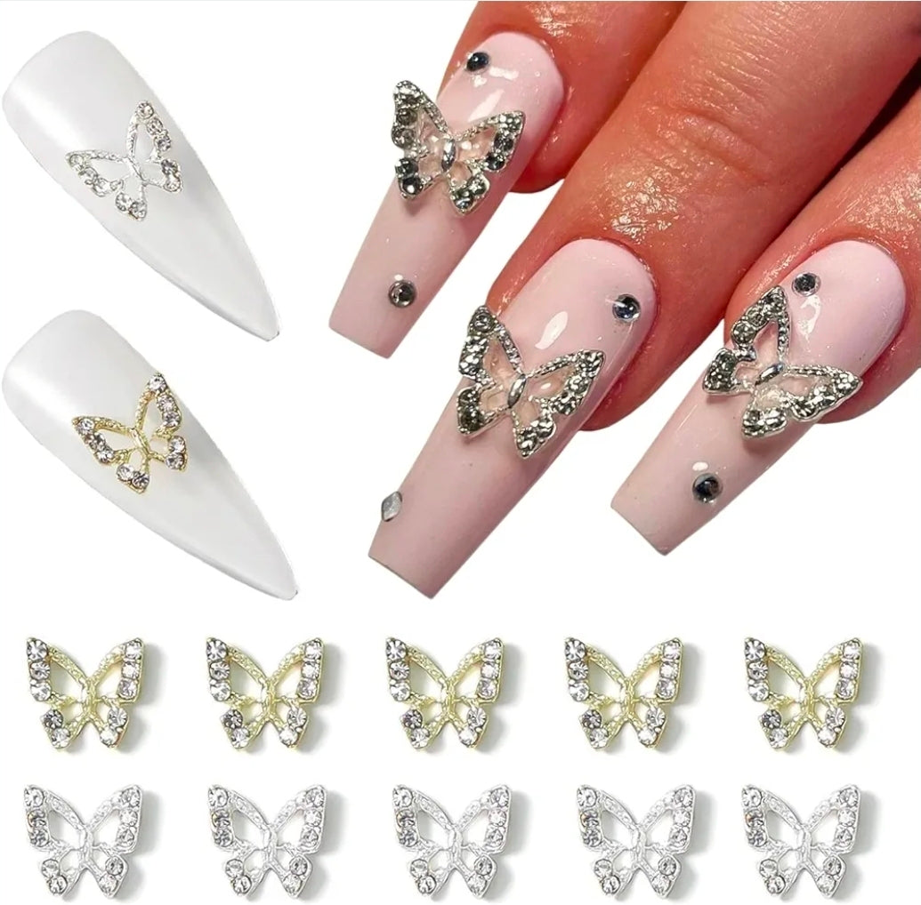 3D Hollow Butterfly with Rhinestones Metal Bling Nail Charms Silver Gold Rose Gold