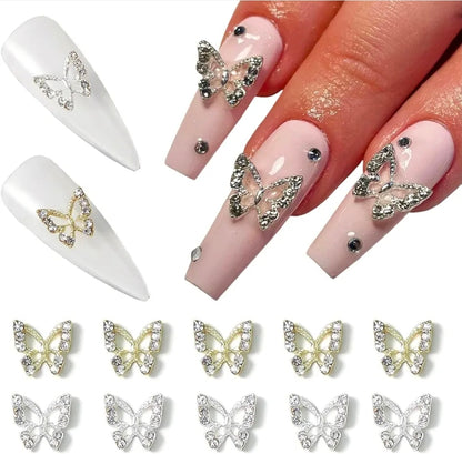 3D Hollow Butterfly with Rhinestones Metal Bling Nail Charms Silver Gold Rose Gold