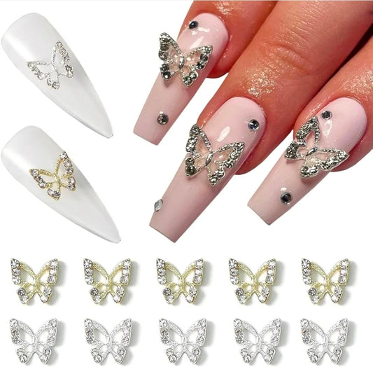 3D Hollow Butterfly with Rhinestones Metal Bling Nail Charms Silver Gold Rose Gold