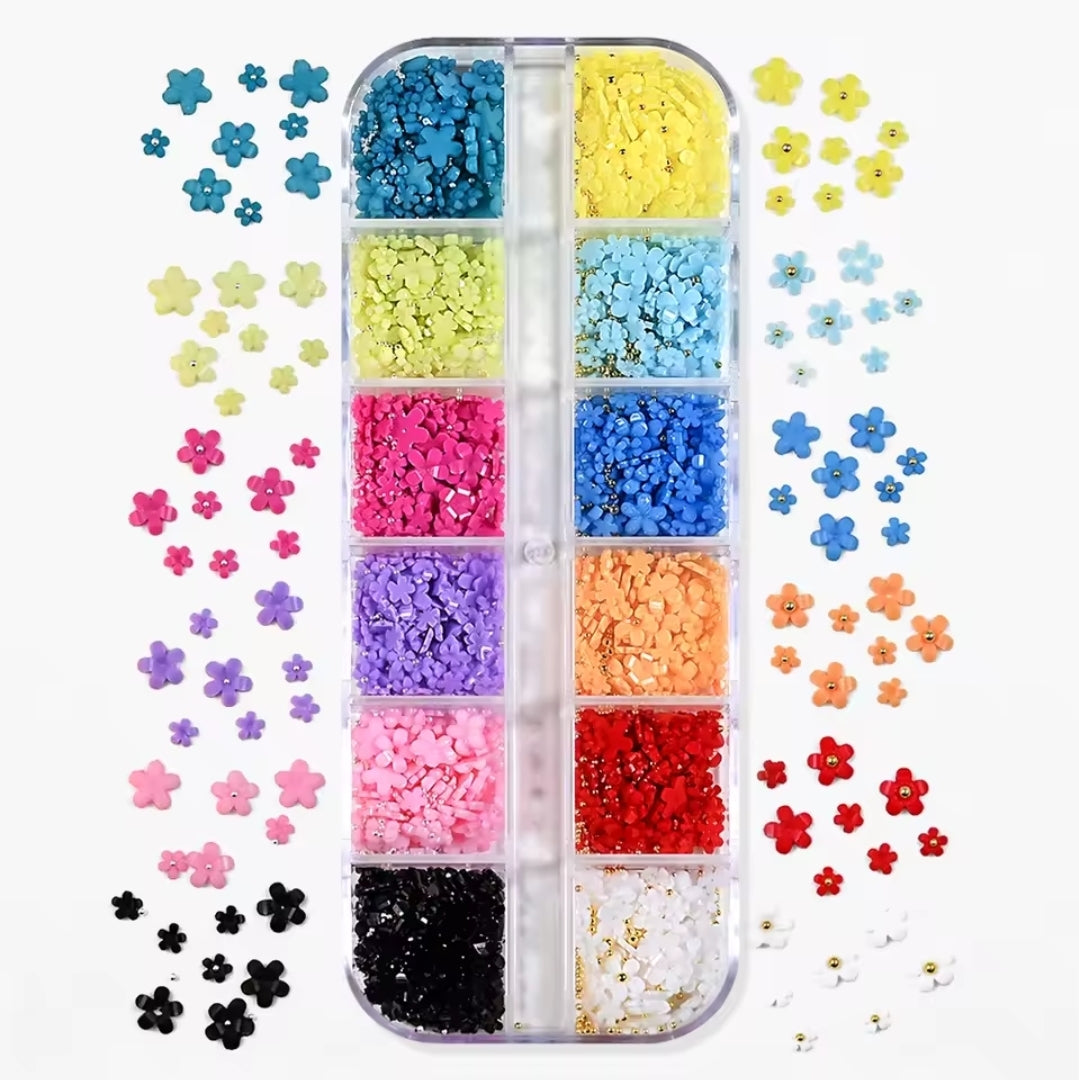 3D Acrylic Resin Flower 5 Petals 6 or 12 Grid Box Colorful Flowers Nail Art Decoration