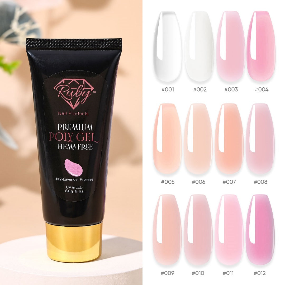 Ruby Premium Poly Gel 12-Color Kit | HEMA-Free | Single Tube 60g | Sculpting Gel | Tap Gel | Hybrid Gel