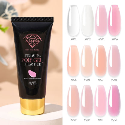 Ruby Premium Poly Gel 12-Color Kit | HEMA-Free | Single Tube 60g | Sculpting Gel | Tap Gel | Hybrid Gel