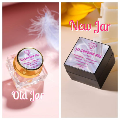 Comparison of an old jar and a new jar labeled '3D Chrome Gel' on a pink background.