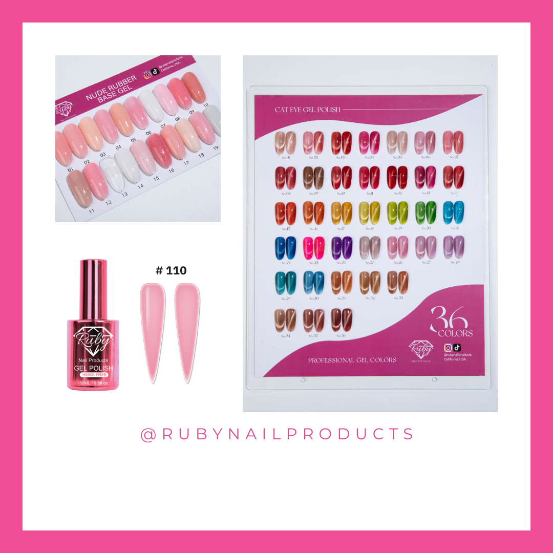 Nail art products including a color chart, nail polish, and nail samples on a pink background with 'Ruby Nail Products' branding.